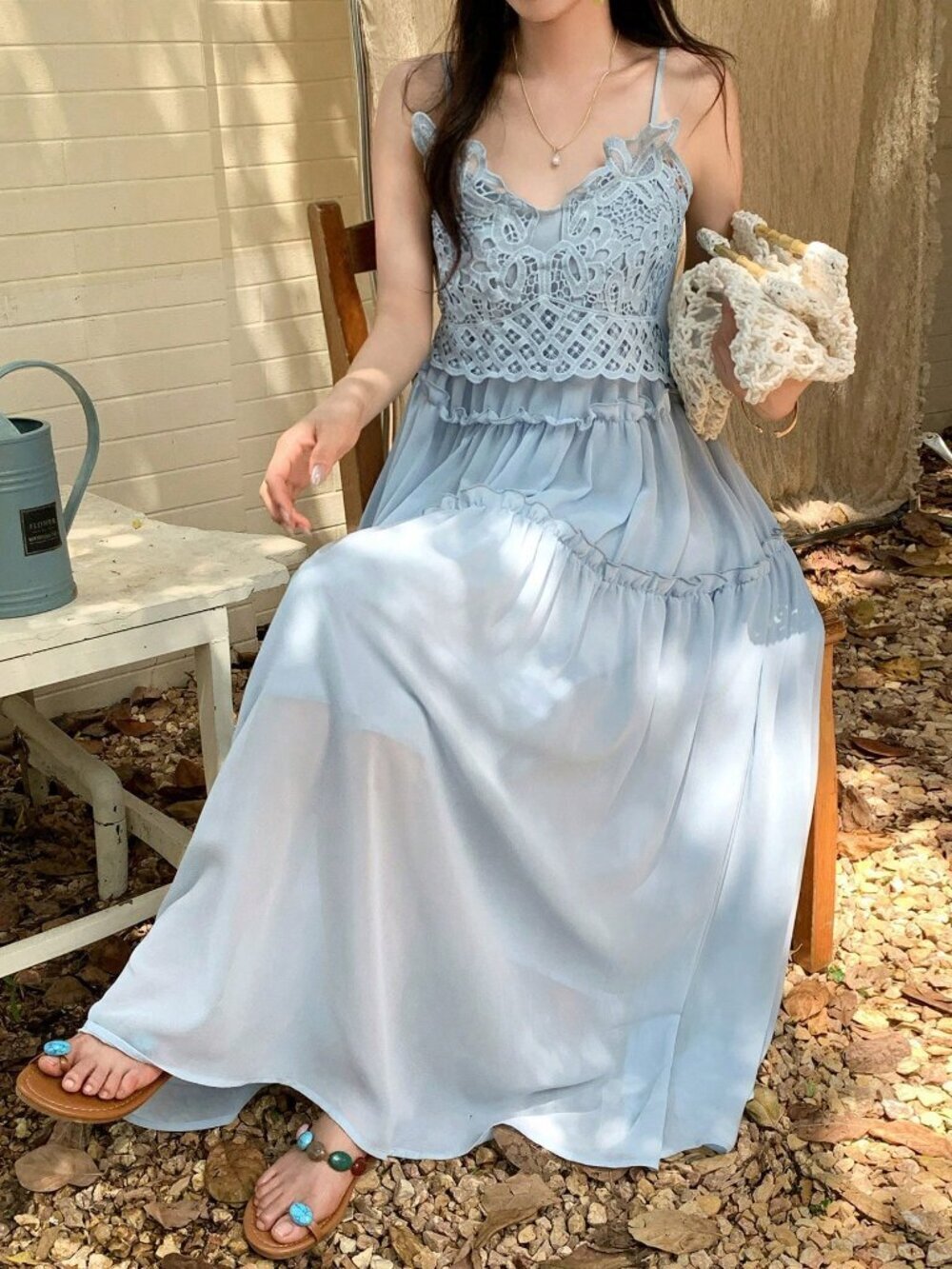 Blue Elegant Women's Patchwork Lace Frill Trim Umbrella Skirt Strappy Sundress